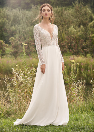 Long Sleeve Beaded Ivory Leaf Lace Chiffon Wedding Dress